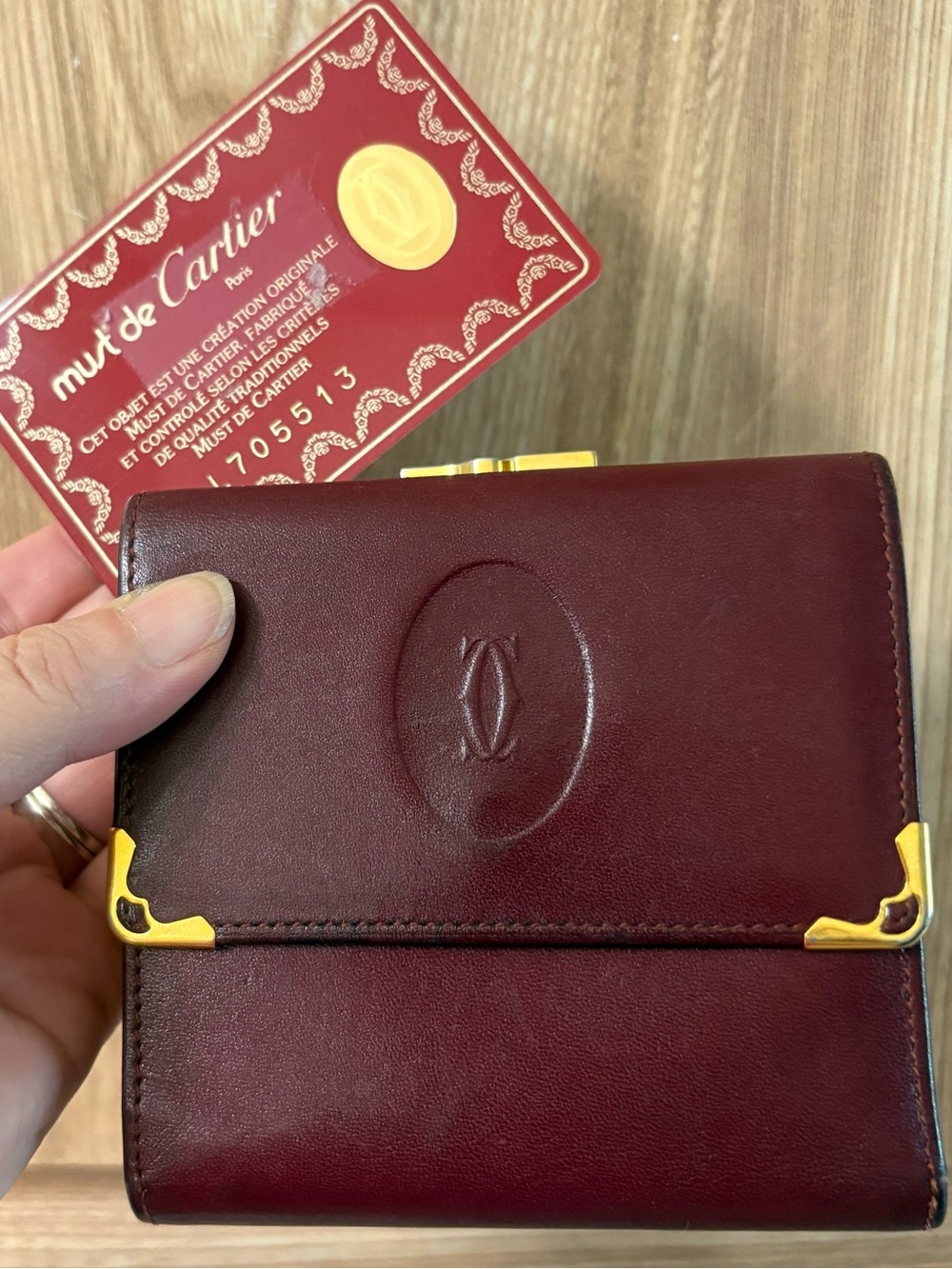 Authentic Cartier Bordeaux Leather Kisslock Wallet W/COA